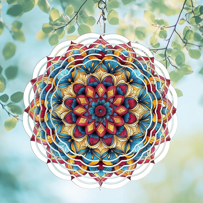 Wind Spinners Outdoor, Hanging Wind Spinner for Garden Decoration, 8 inch 3D Stainless Steel Metal Wind Sculpture for Indoor/Outdoor Decor, Mandala H