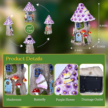 Fairy Garden House Outdoor Figurine Lights, Fairy Houses for Outside, Garden Statues Mushroom House, for Patio, Yard, Balcony Decoration, Outdoor Decorations Yard and Birthday Gifts for Mom Women