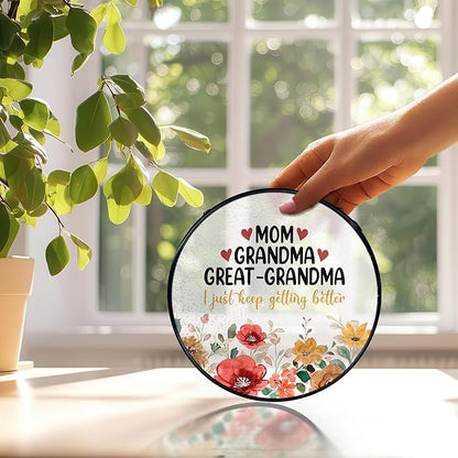 Mom Grandma Flower Suncatchers Stained Glass Window Hanging, Great Grandma Gifts Catchers Indoor Window Glass Round Wall Decor 7.9x7.9in