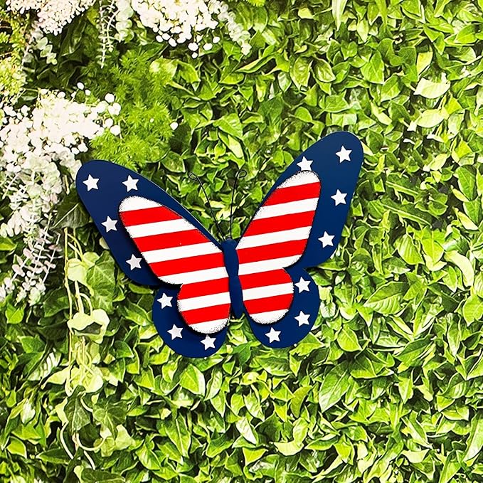 SAGUZOU Rustic Hanging Metal American Flag Patriotic Butterfly Wall Door Yard Signs 4th of July White Blue Red Independence Day Memorial Day Fence Decor Indoor Outdoor Decorations