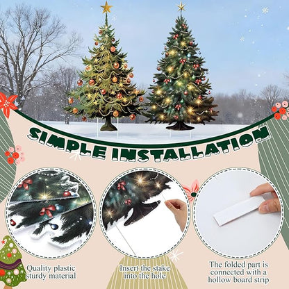 Geelin 2 Pcs Large Christmas Tree Sign Yard with Stake 2.62 ft Vintage Patio Lawn Decoration Outdoor Christmas Party Favor Ornament Garden Sign for Party Supplies(Vintage Tree)
