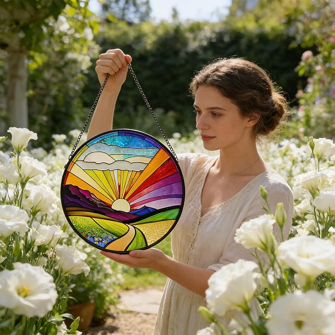 Stained Glass Window Hanging, 9.8 Inch Vibrant Sunrise Landscape Suncatcher Decor Colorful Pastoral Sun Catcher for Windows Home, Garden, Porch Decor