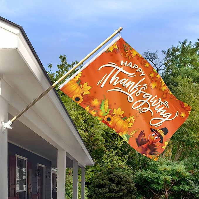 Thanksgiving Flag 3x5 Ft Happy Thanksgiving Decorations Orange Turkey Pumpkins Sunflower Leaf Backdrop Hanging Outdoor Flag Party Supplies for Indoor Outdoor Garden,Lawn,Yard,Balcony Decor