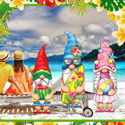 Umigy 3 Pcs Summer Gnome Yard Sign 32 x 10 Inch Outdoor Summer Yard Decor with Stakes Watermelon Beach Ball Surfboard Gnome Lawn Sign Yards Art Stakes for Outdoor Lawn Backyard Porch Garden Decoration