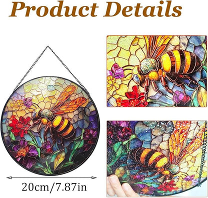 Stained Glass Window Hanging, Summer Beach Window Hanging Light Catcher, Outdoor Light Catcher Garden Decor, Tropical Kitchen Wall Decor Decorative Patios (Red Flowers Bees)