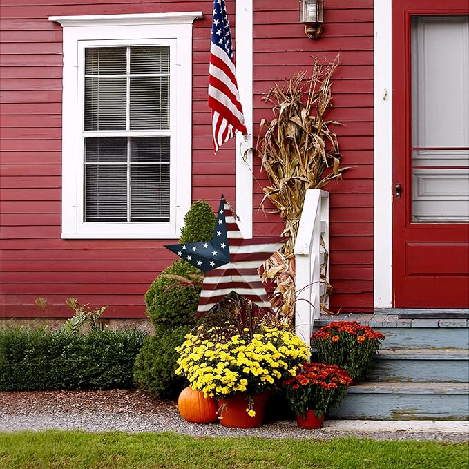 Metal Barn Star Yard Sign Patriotic Garden Stakes Hanging Ornament with Stake Outdoor 4th of July Lawn Decoration Party Supplies USA Flag Decor for Independence Day Memorial Day (B)