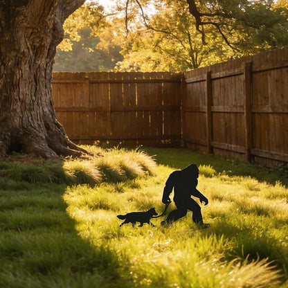 Bigfoot Garden Stake – Metal Sasquatch Statue Walking Border Collie Dog on Leash – Funny Bigfoot Yard Decor, Outdoor Metal Yard Art, Sasquatch Sign for Garden & Lawn