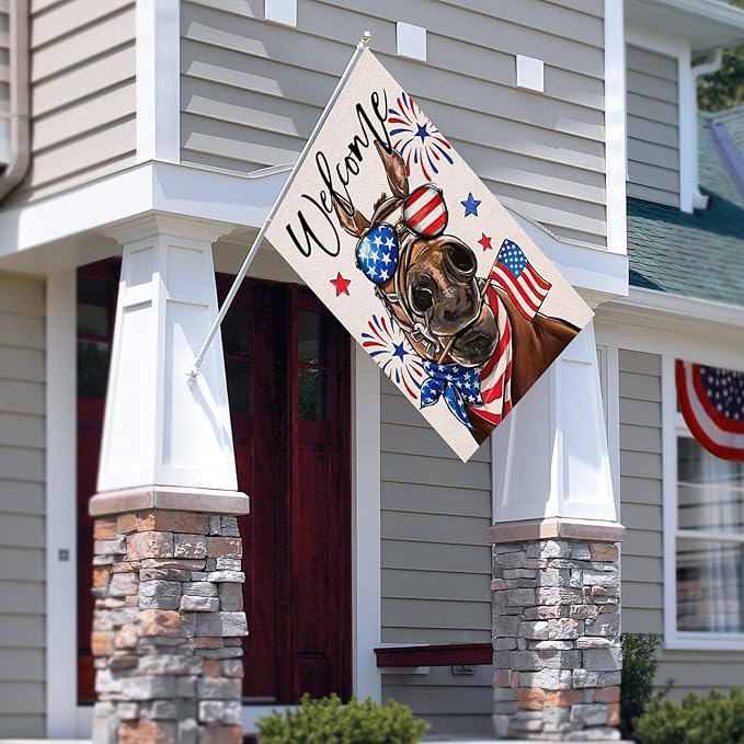 Welcome 4th of July Donkey Patriotic Decorative Flag, America Stars Stripes Firework Garden Yard Outside Decorations, American USA Outdoor Large Home Decor Double Sided 28 x 40