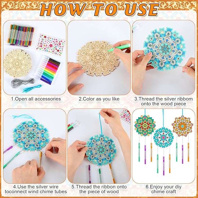 Amyhill 16 Sets Mandala Wind Chimes Craft Kit Make Your Own Mandala Wind Chime DIY Unfinished Wood Hanging Ornaments Coloring Painting Craft Kits for Gifts Adult Party Birthday Activity Home Decor