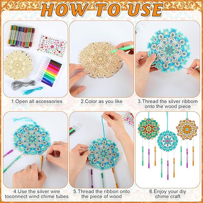 Amyhill 16 Sets Mandala Wind Chimes Craft Kit Make Your Own Mandala Wind Chime DIY Unfinished Wood Hanging Ornaments Coloring Painting Craft Kits for Gifts Adult Party Birthday Activity Home Decor