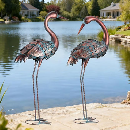 chisheen Crane Garden Statues Outdoor Yard Decorations Metal Heron Yard Art Bird Sculpture Decor for Outside Lawn Patio Large Size, for Women Mom,Set of 2