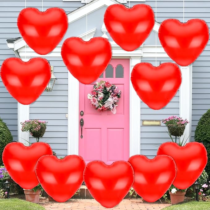JarThenaAMCS 11" Valentine's Day Inflatable Heart Balloon Red Heart Shape Blow Up Hanging Ornaments Decorations PVC Indoor Outdoor Decor for Wedding Garden Yard Lawn Party Supplies, 10Pcs