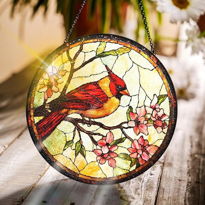 Bimkole Bird Stained Glass Suncatcher Window Hanging - Flowers Design for Indoor Window or Doorway Decoration - 7.87x7.87 inch with Chain and Hook - Unique Home Decor Gift