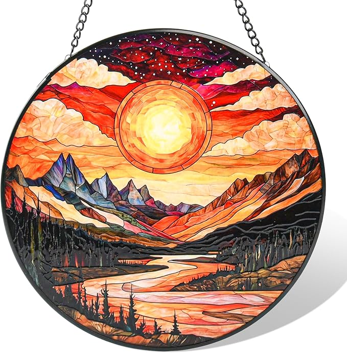 Stained Glass Window Hanging, Mountain River and Sun Suncatcher for Door Terrace Garden Kitchen Home Decor, Scenery Sun Catchers for Christmas Mother's Day Valentine's Day Gift for Women Mom 7.8 in