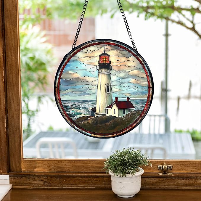TNUW Lighthouse Stained Glass Window Hanging, Coastal Ocean Lighthouse Sun Catchers Indoor Window Glass Round Wall Art Decor, Nautical Beach Light House Wall Hanging Decorations, 7.9＂x7.9＂
