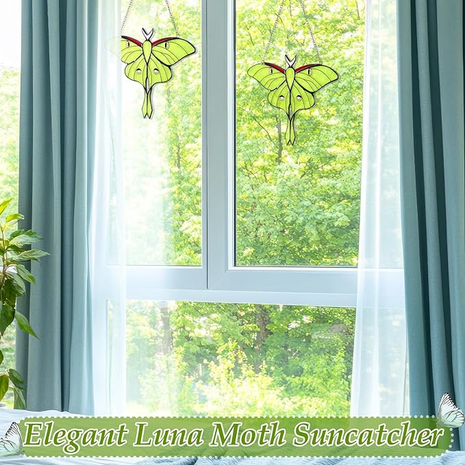 Yalikop 2 Pcs Luna Moth Stained Glass Window Hangings, Green Butterfly Sun Catchers for Windows, Mothers Day Decor Gifts for Mom, Handmade Glass Suncatcher Home Garden Decor, Gift for Decorations