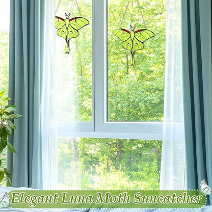 Yalikop 2 Pcs Luna Moth Stained Glass Window Hangings, Green Butterfly Sun Catchers for Windows, Mothers Day Decor Gifts for Mom, Handmade Glass Suncatcher Home Garden Decor, Gift for Decorations