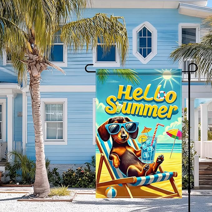 HOMETITUTE Hello Summer Garden Flag Dachshund Dog Flag 12x18 Inch Double Sided Summer Dachshund Garden Flag Sea Beach Seasonal Yard Flag for Outside Decoration Small Seasonal Decor for Farmhouse Holiday