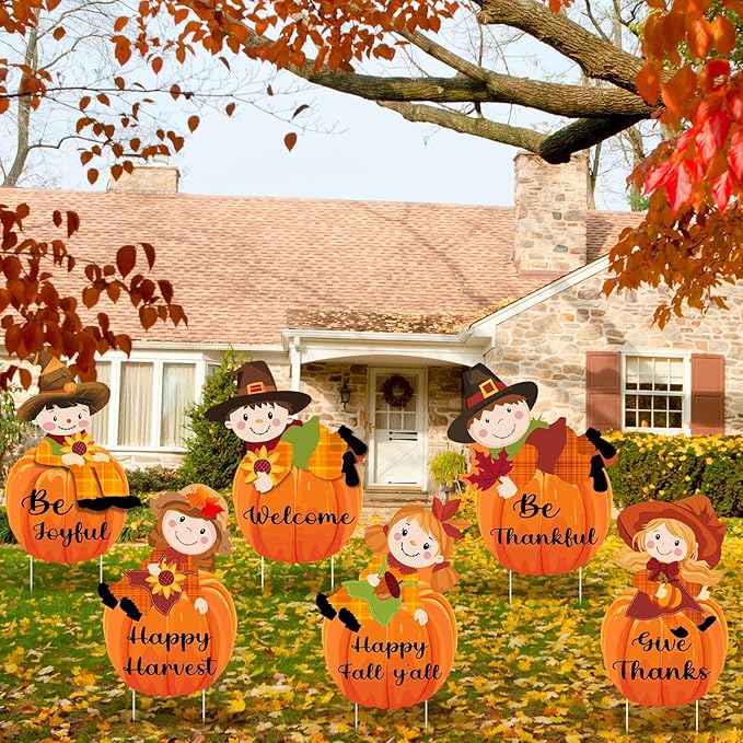 6 Pcs Thanksgiving Scarecrow Yard Stakes Harvest Outdoor Decorations with Stakes for Lawn Garden Porch Thanksgiving Decor Holiday Yard Signs