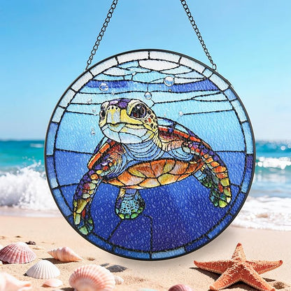 Stained Glass Window Hanging, Big Eyed Turtle Circular Painted Glass Suncatcher with Chain & Suction Cup for Home Garden Door Decor, Birthday for Women Men Mom 7.8 in