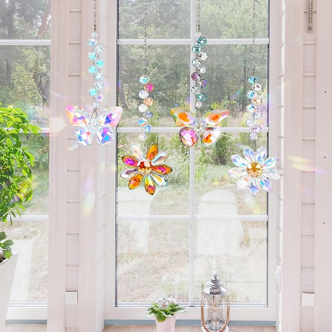 4 PCS Crystal Suncatchers 2PCS Butterfly 2PCS Flower Window Hanging Ornaments Rainbow Maker for Indoor Outdoor Garden Wedding Decor Gifts