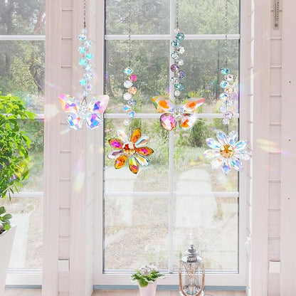 4 PCS Crystal Suncatchers 2PCS Butterfly 2PCS Flower Window Hanging Ornaments Rainbow Maker for Indoor Outdoor Garden Wedding Decor Gifts