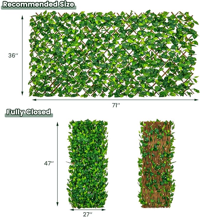 Giantex Expandable Fence Privacy Screen - Decorative Faux Green Ivy Fencing Panel for Balcony, Artificial Hedges with PE Leaves and Willow for Outdoors Garden Patio Deck Apartment, 1 Pack