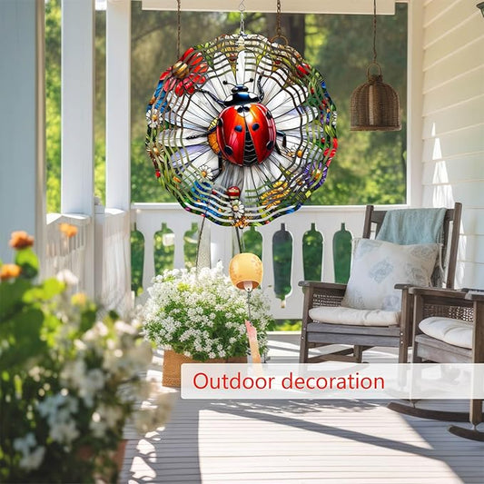 Ladybug Wind Spinner 3D for Outdoor Decor, Stainless Steel Hanging Wind Spinner, Kinetic Art 10 inch Ornament Spinner for Garden Decoration