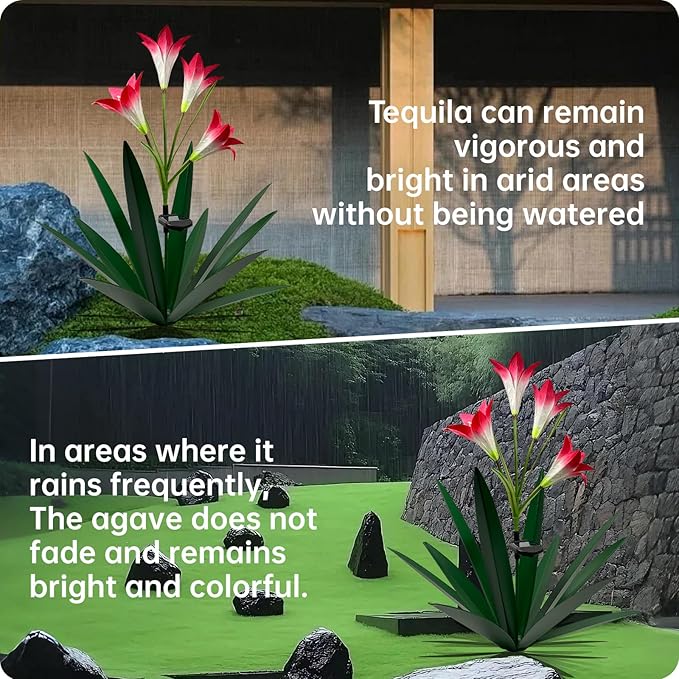 Homight Solar Metal Agave Lily Flower Garden Sculpture with LED Lights 30.3 Inch Waterproof Outdoor/Indoor Yard Decor Handmade Lawn Ornament Gift for Family Friends (2, Grass Green)