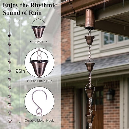 TZSSP Rain Chains Bell Style Gutter Installation – 8.5 ft Bell Style, Weatherproof & Adjustable Rain Chain– Soothing Water Sound (S-Hook Included)