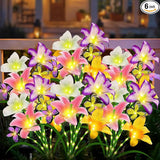 Solar Garden Lights 6 Pack 24 Lily Flowers with Butterfly Decor, Gifts for Mom Woman Birthday Solar Flower Lights for Outside,Cemetery Flowers for Grave - Decorative Lilies for Yard, Patio, Pathway