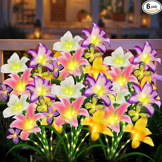 Solar Garden Lights 6 Pack 24 Lily Flowers with Butterfly Decor, Gifts for Mom Woman Birthday Solar Flower Lights for Outside,Cemetery Flowers for Grave - Decorative Lilies for Yard, Patio, Pathway