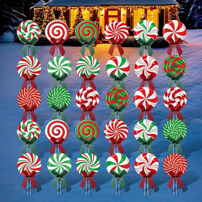 30 Pcs Christmas Outdoor Yard Signs Candy Decorations Outdoor Christmas Decorations Xmas Yard Lollipop Candy Hanging Ornaments Stakes Holiday Garden Sign Cardboard for Party Porch Lawn Walkway Decor