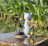 Solar Cat Statue Outdoor Decor-9.4" Welcome Garden with Sculpture Solar Lantern Flowers,Weatherproof Resin Art for Patio, Lawn,Yard Outside, for Women,Grandma,Adults,Kids,Cat Lovers