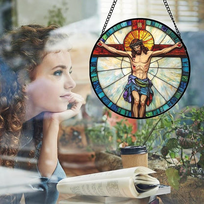 DASTOLL Christian Gifts for Women - Cross Passion of Jesus Stained Glass Window Hanging Easter Sun Catcher Garden Religion Decor Mother's Day Catholic Gift for Men Grandma Nana Her Mom 6.3"
