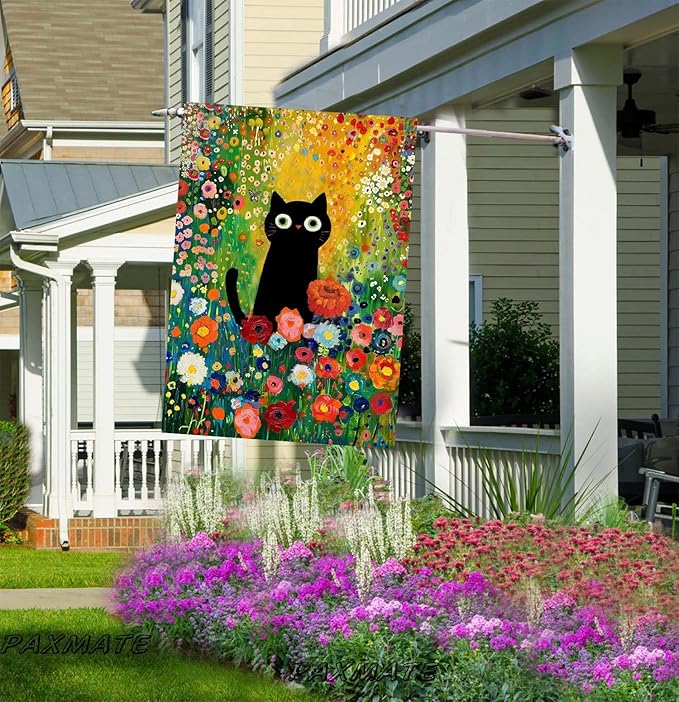 Spring Summer House Flag 28x40 Inch Double Sided Outside Black Cat Colorful Floral Flowers Seasonal Holiday Yard Porch Outdoor Decoration