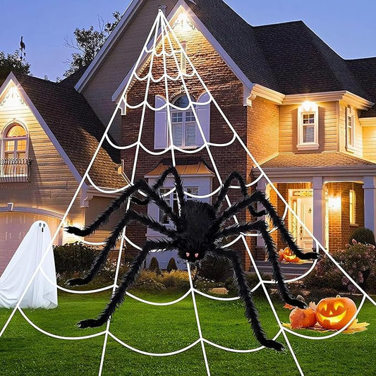 Halloween Spider Web Decoration 16ft + Giant Spider 35" Black + Stretchy Dense Spider Silk Rope and 2 Small Spiders Triangular Huge Spider Web for Indoor/Outdoor