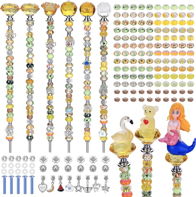 AIPRIDY 158 Pcs DIY Fairy Wand Garden Stakes Kit,Multiple Color Scheme European Beads Crystal Diamond Tops and 12 or 10 Inch Threaded Rods,Stainless Steel Stakes with Diamond Toppe (Lenmon)