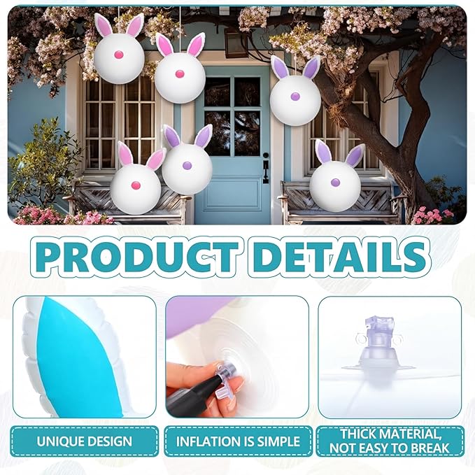 Jetec 6 Pcs 24 Inch Pastel Easter Inflatable Bunny Butt Decorations Outdoor Giant Hanging Inflatable Bunny Blow up PVC Balloon Ornaments Easter Decor for Yard Lawn Garden Front Door Porch