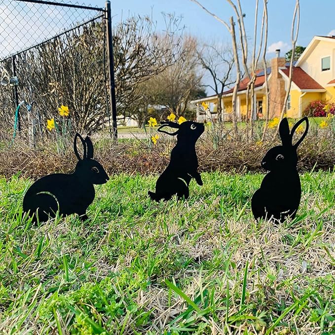 RealSteel Metal Garden Animal Sculptures & Statues – Bunny & Squirrel Yard Art Stake Pack – Outdoor Lawn & Flowerbed Decor – Weather-Resistant Steel Garden Decorations – Gift for Gardeners – Black