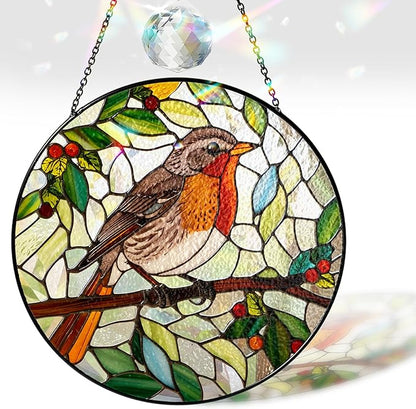 7.8" Robin Bird Stained Glass Suncatcher, Robin Birds Suncatcher Window Hanging, Birds Gifts Decor for Home Garden Housewarming, Morthers Day Bird Lover Gifts for Mom, Grandma, Women, Friend