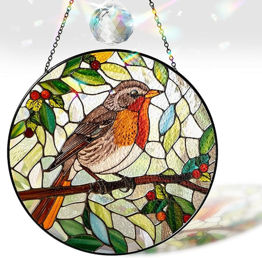 7.8" Robin Bird Stained Glass Suncatcher, Robin Birds Suncatcher Window Hanging, Birds Gifts Decor for Home Garden Housewarming, Morthers Day Bird Lover Gifts for Mom, Grandma, Women, Friend