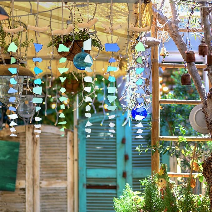 Weysat 6 Pcs Sea Glass Wind Chimes for Outside, Beach Gifts Coastal Decor Wind Chimes with Wooden Hanger, Boho Gifts for Mom Women, Hanging Beachy Decor for Home Wall Outdoor Garden Decorations