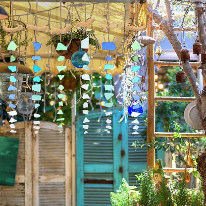 Weysat 6 Pcs Sea Glass Wind Chimes for Outside, Beach Gifts Coastal Decor Wind Chimes with Wooden Hanger, Boho Gifts for Mom Women, Hanging Beachy Decor for Home Wall Outdoor Garden Decorations