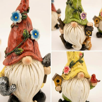 GoGnome 3-Pack Spring Garden Gnome Figurines, 6.5" Resin Decorative Gnomes with Lantern, Birdhouse & Watering Can, Indoor Outdoor Tabletop Home Yard Lawn Decor (Multicolor)