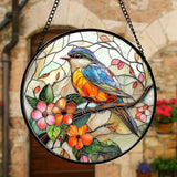 DASTOLL Stained Glass Window Hanging, Blue Bird Pink Flower Suncatcher Diamond Glass Panel Bird Sun Catchers Decor for Birthday for Women, Men, Wife, Aunt, and Mom 6.3 in