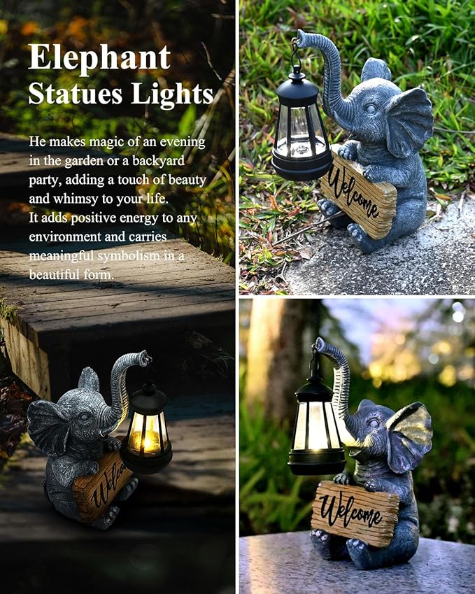KVR Solar Elephant Garden Lights, Outdoor Welcome Statue Decor for Patio Yard, Birthday Gift for Women Mom Grandma (2026 New Gift Ready) (Black)