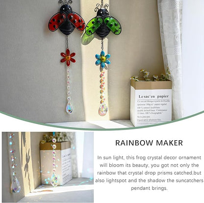19'' Crystal Garden Suncatcher Decor Set 2 Stained Glass Metal Ladybugs Window Hanging Crystal Prisms Suncatcher for Outdoors Rainbow Maker (Red & Green)