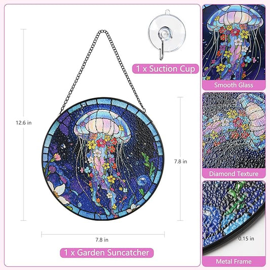 Stained Glass Window Hanging, Blue Jellyfish & Flowers Circular Painted Glass Suncatcher with Chain & Suction Cup for Home Garden Door Decor, Birthday for Women Men Mom 7.8 in