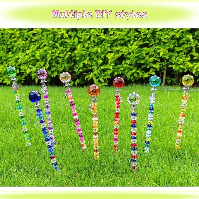 72Pcs Beaded Garden Stakes Kit - DIY Fairy Wand Garden Stake Beads Kit, Fairy Garden Accessories Outdoor for Different Festivals, Beadable Items Ball-(Red+Green+Yellow)